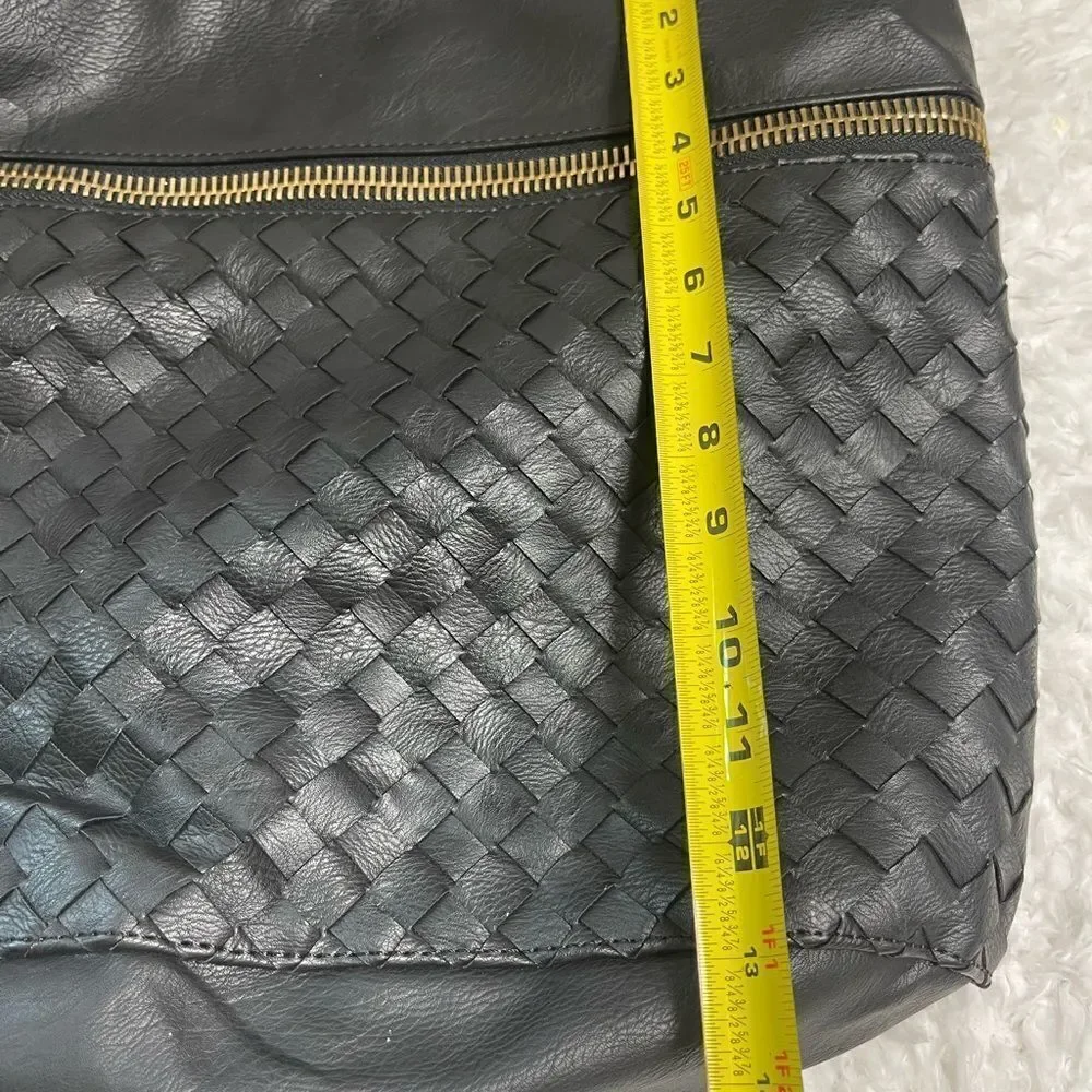 Madison West black faux leather basket weave large hobo bag gold tone hardwares